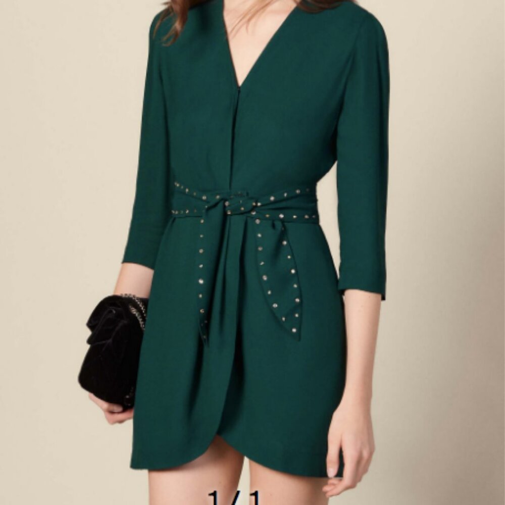 Sandro Emerald green wrap dress with rhinestone belt shoulder pads size small